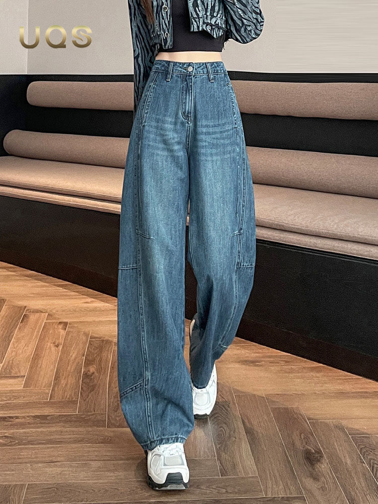UQS小个子覆古蓝阔腿牛仔裤女秋季2025年宽松弹力显瘦九分弯刀裤