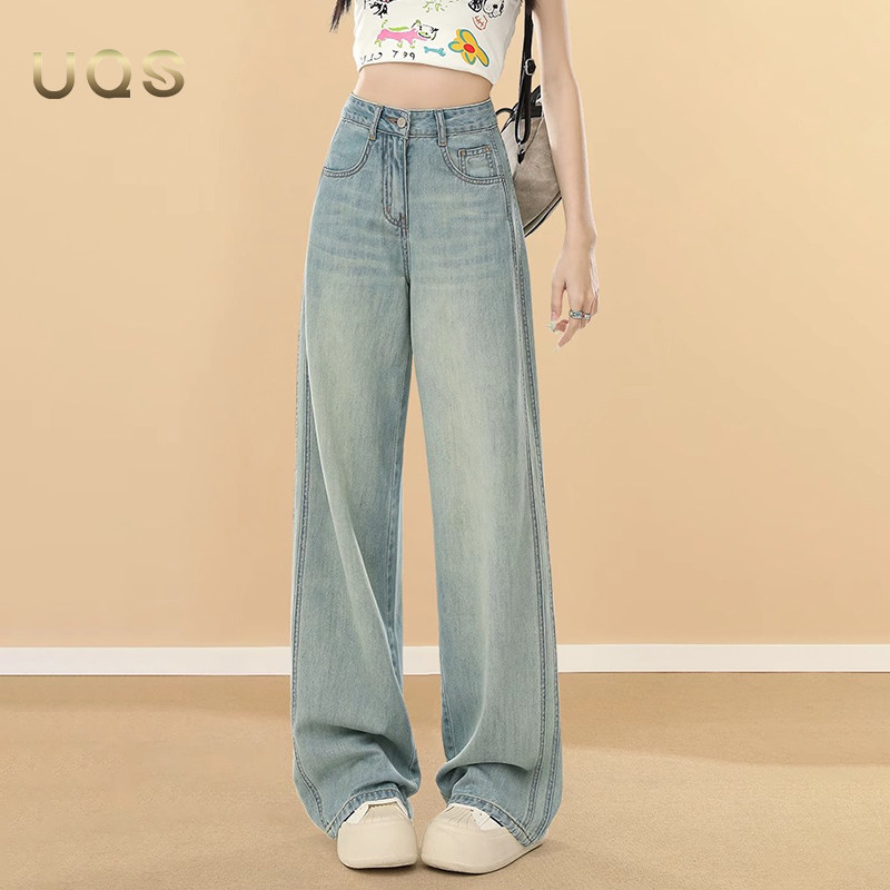 UQS高腰窄版天丝牛仔裤女2025年夏季新款宽松显瘦有型直筒长裤子