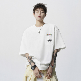 GOOZI MADE 320g重磅花卉刺绣短袖男夏季纯棉口袋男生夏日半袖T恤