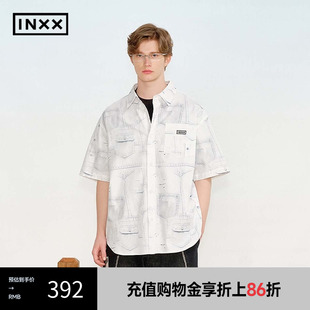 字母刺绣衬衣男女同款 衬衫 INXX XRF2040981 潮牌仿牛仔印花短袖