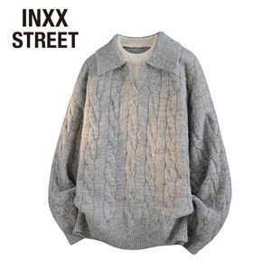 INXX STREET法式复古麻花针织衫polo领毛衣男女款秋季假两件上衣