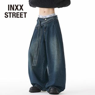 STREET秋冬季 弯刀裤 新款 复古腰带设计直筒牛仔裤 潮牌男美式 INXX