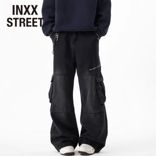 男秋冬宽松垂感大口袋高街阔腿直筒裤 痞帅牛仔裤 STREET美式 INXX