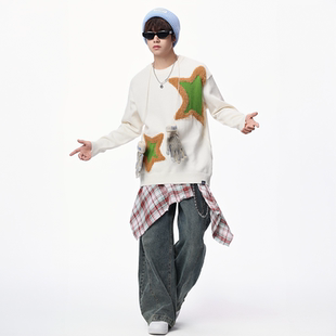 秋冬圆领休闲毛衣套头情侣款 男女新款 STREET星星毛边针织衫 INXX