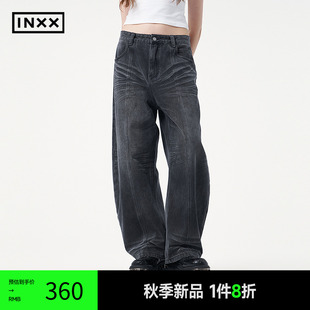 男水波纹猫须设计女XRF3221271 INXX 复古暖黑色镰刀牛仔长裤