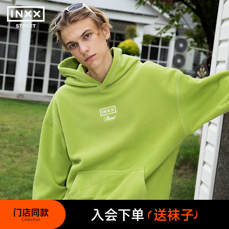 inxx street新秋冬季美式摇粒绒情侣卫衣潮牌男女连帽黑色多巴胺