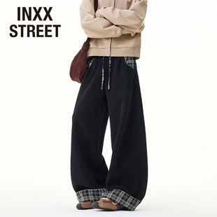 STREET撞色格子拼接卷边重磅卫裤 宽松休闲裤 男士 新款 秋冬季 INXX