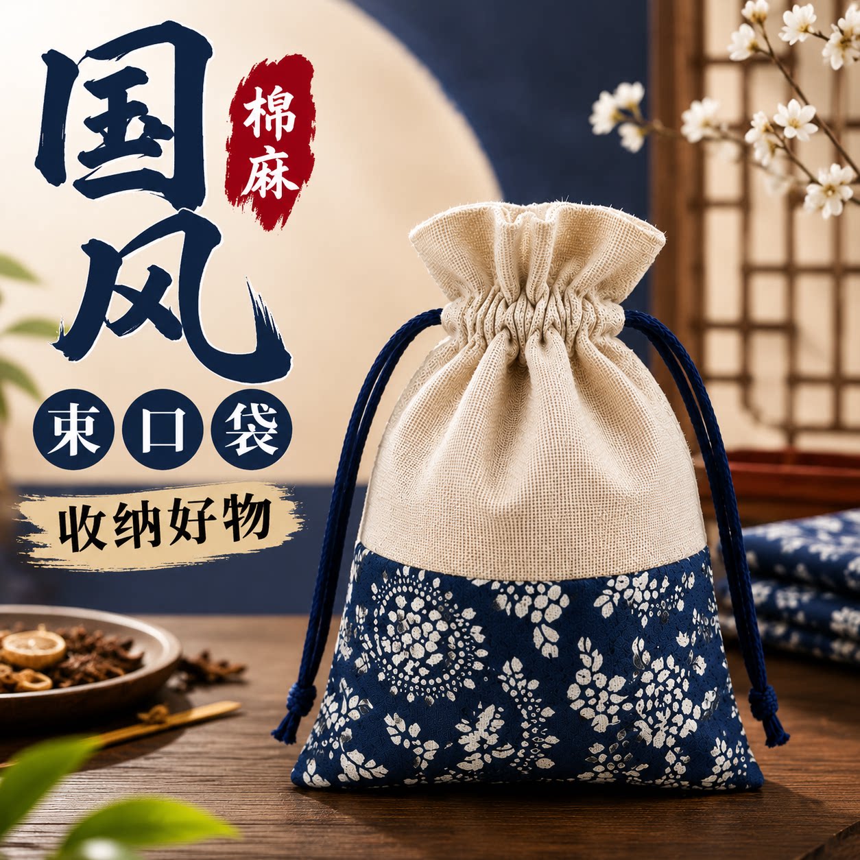 国风棉麻束口袋青花瓷拼接收纳袋帆布米袋杂粮干料文玩收纳布袋子