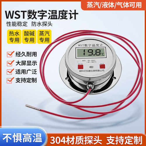 WST-491电子数显温度计耐酸碱四氟线温度传感器耐腐蚀数字温度表