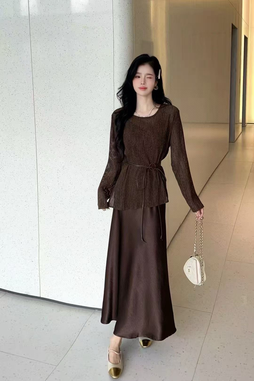 法式高级感连衣裙套装女2025秋季新款罩衫缎面吊带裙收腰两件套