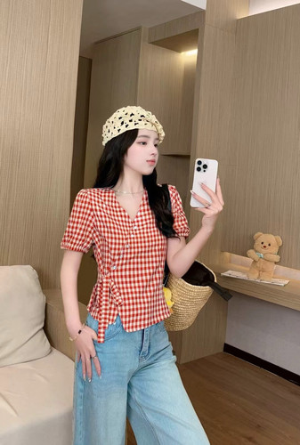 2025夏季新款小个子时尚休闲设计感小众绑带修身显瘦短款格子衬衫