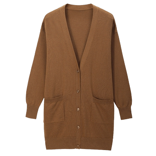(A)万丽女装秋装新款针织开衫V领舒适驼色时尚休闲女中长款针织衫