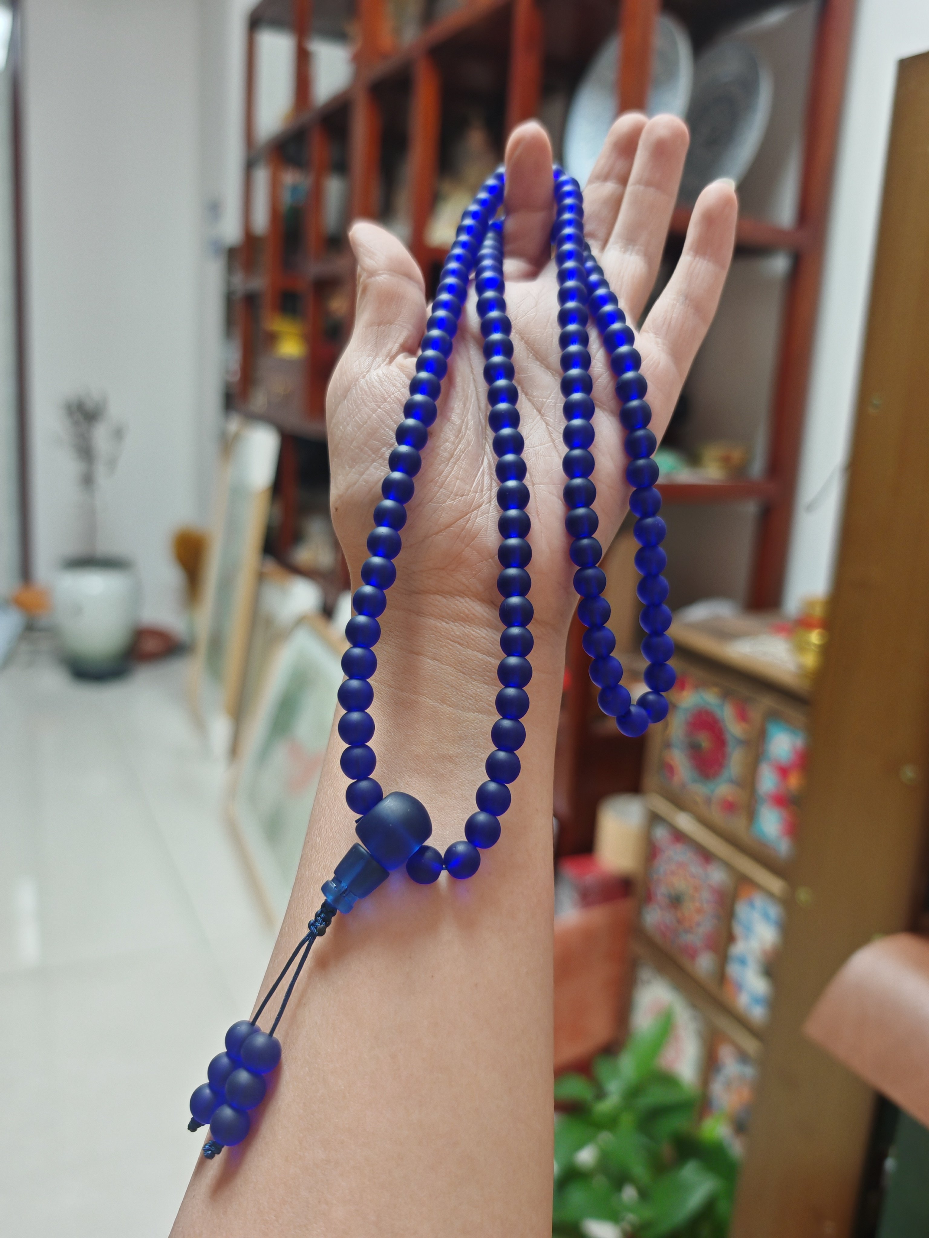 天然蓝琉璃药师佛佛珠手串多圈手链项链精品尼泊尔古法琉璃珠