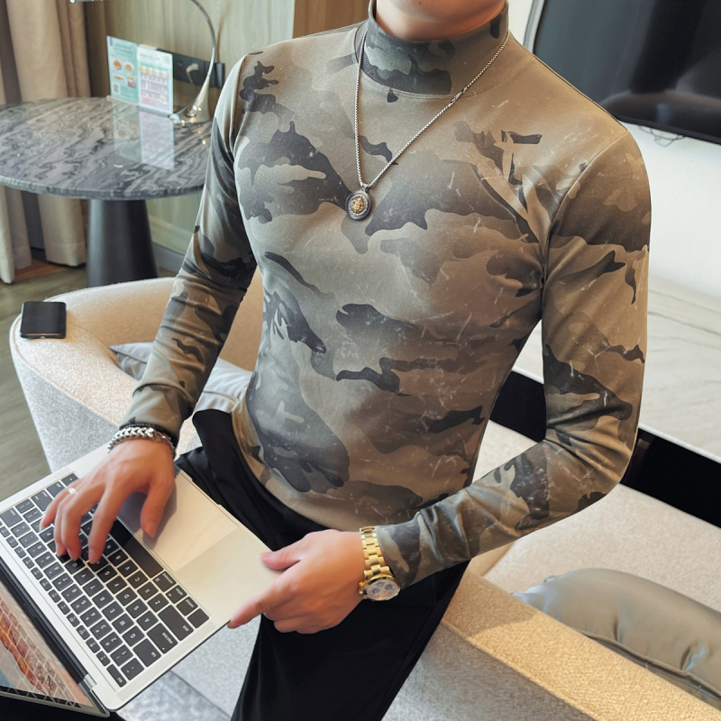 秋冬潮流时尚男装迷彩男士长袖T恤新款半高领修身弹力打底衫tee