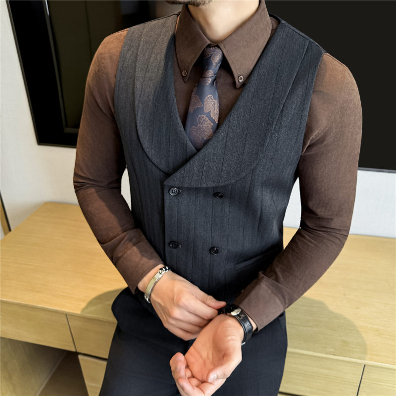 潮牌高端羊毛厚款保暖条纹西服内搭马甲男士青果领双排扣毛呢背心