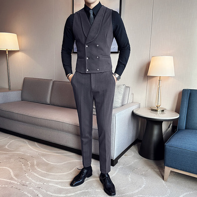 定制logo酒吧KTV台球厅工作服男宽条纹加厚毛呢西装马甲西服套装