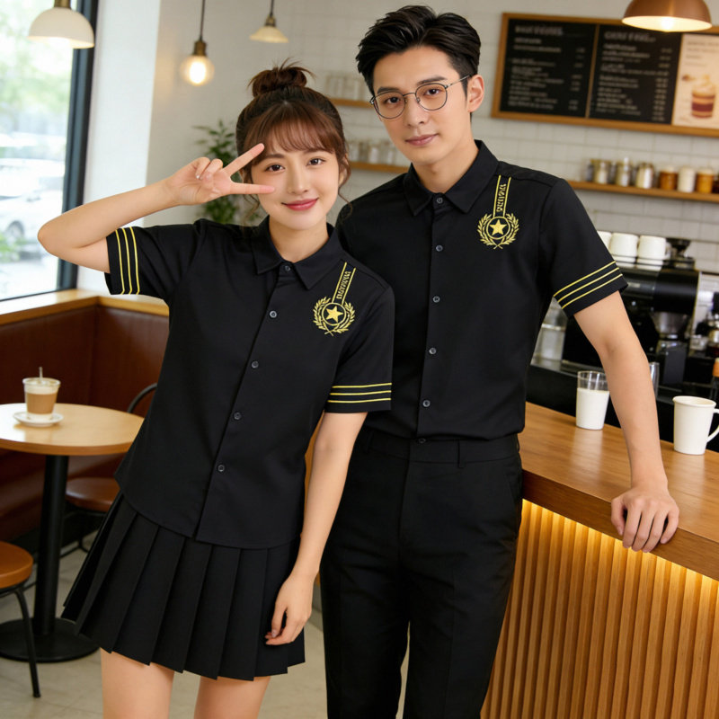 定制印logo夏装酒吧KTV餐厅工作服男女生服务员衬衫短袖衬衣制服