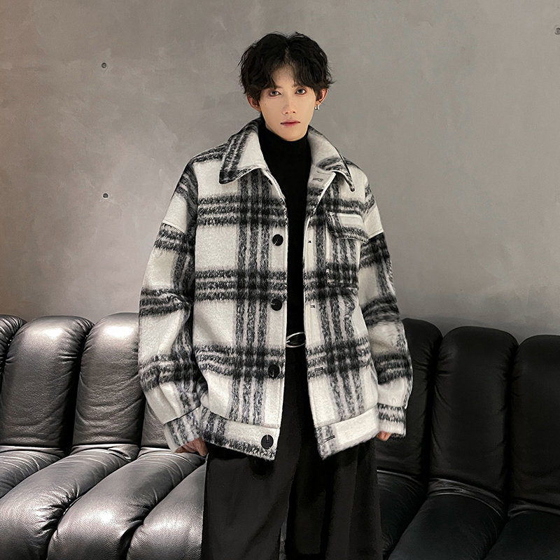 潮牌时尚男装小香风格子呢子宽松外套男士马海毛保暖加厚毛呢大衣
