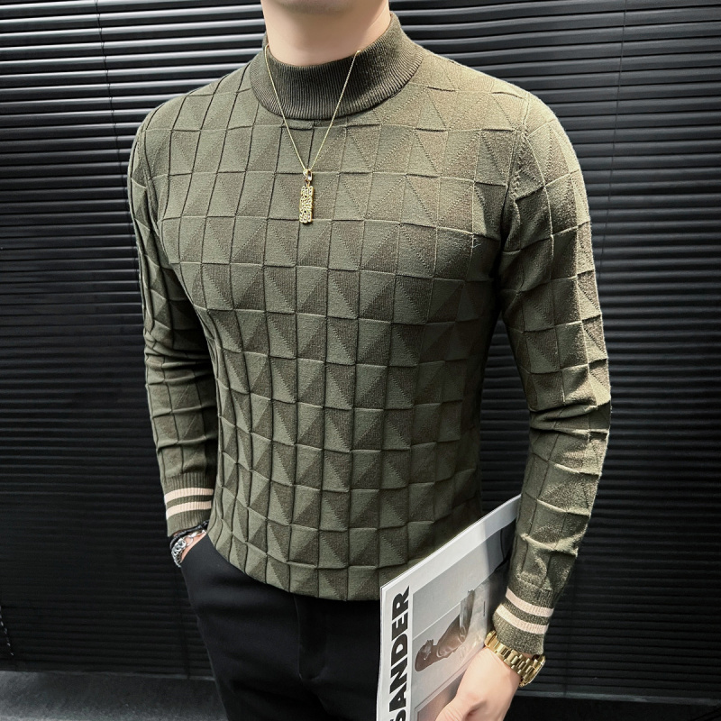 冬季潮流时尚男装轻奢半高领针织衫套头细毛线衣毛衣军绿色打底衫