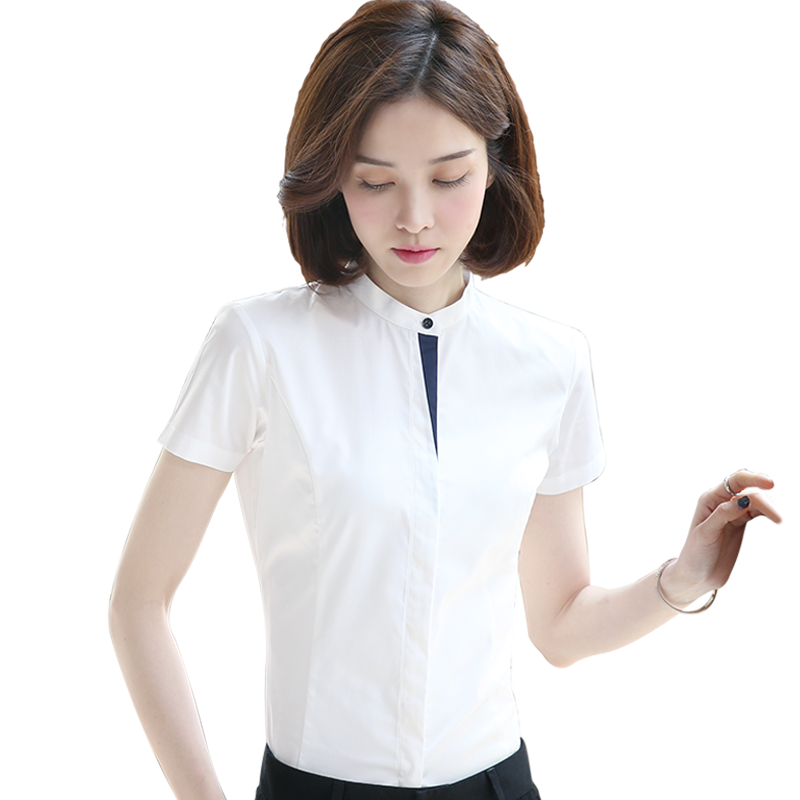 白色衬衫女立领职业短袖夏季薄款工作服新款工装气质半袖上衣衬衣