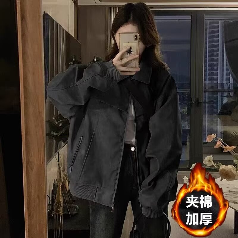 美式复古男女皮衣棒球服外套棉衣新款oversize高级感女机车夹克