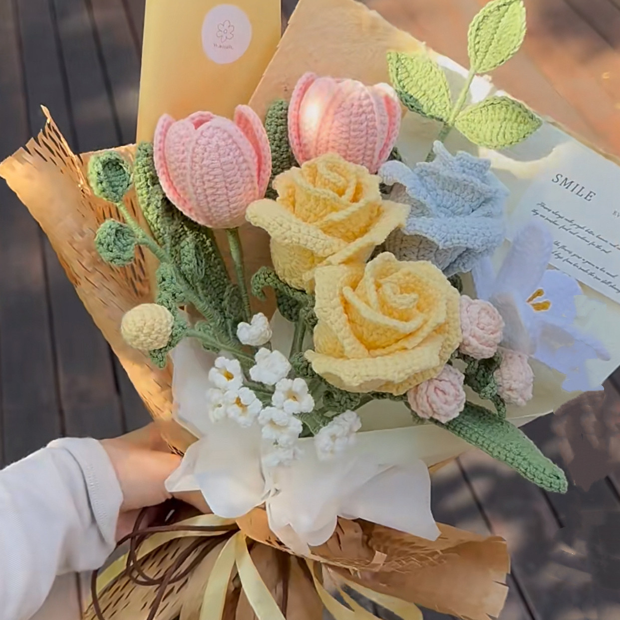 手工diy毛线少女粉玫瑰花束材料