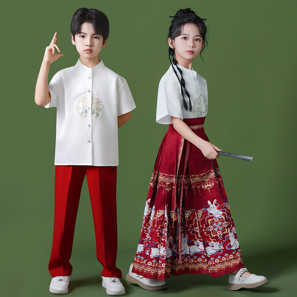 元旦儿童中国风合唱演出服汉服男童女童马面裙潮服小学生朗诵演讲