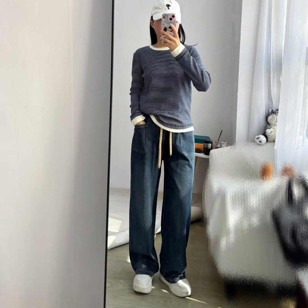 巨软牛仔裤~成人少女春夏季牛仔直筒阔腿裤 大童初高中弹力哈伦裤