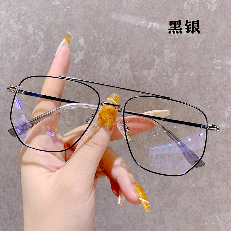 黑银色双梁金属近视眼镜框女可配镜片度数韩系潮复古圆脸男眼睛架