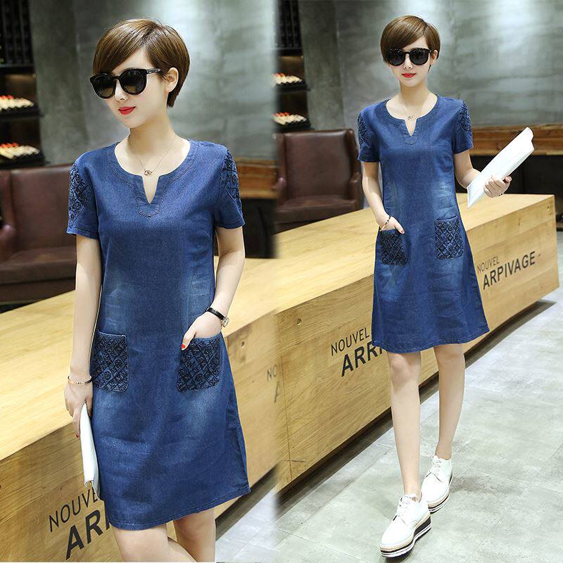 加肥胖妹妹mm加大码女装夏季弹力v领直筒牛仔连衣裙a字薄款小个子|ruв категории Женская одежда, женской одежды - от Buy2taobao.com для оказания профессиональной услуги покупки агента Taobao