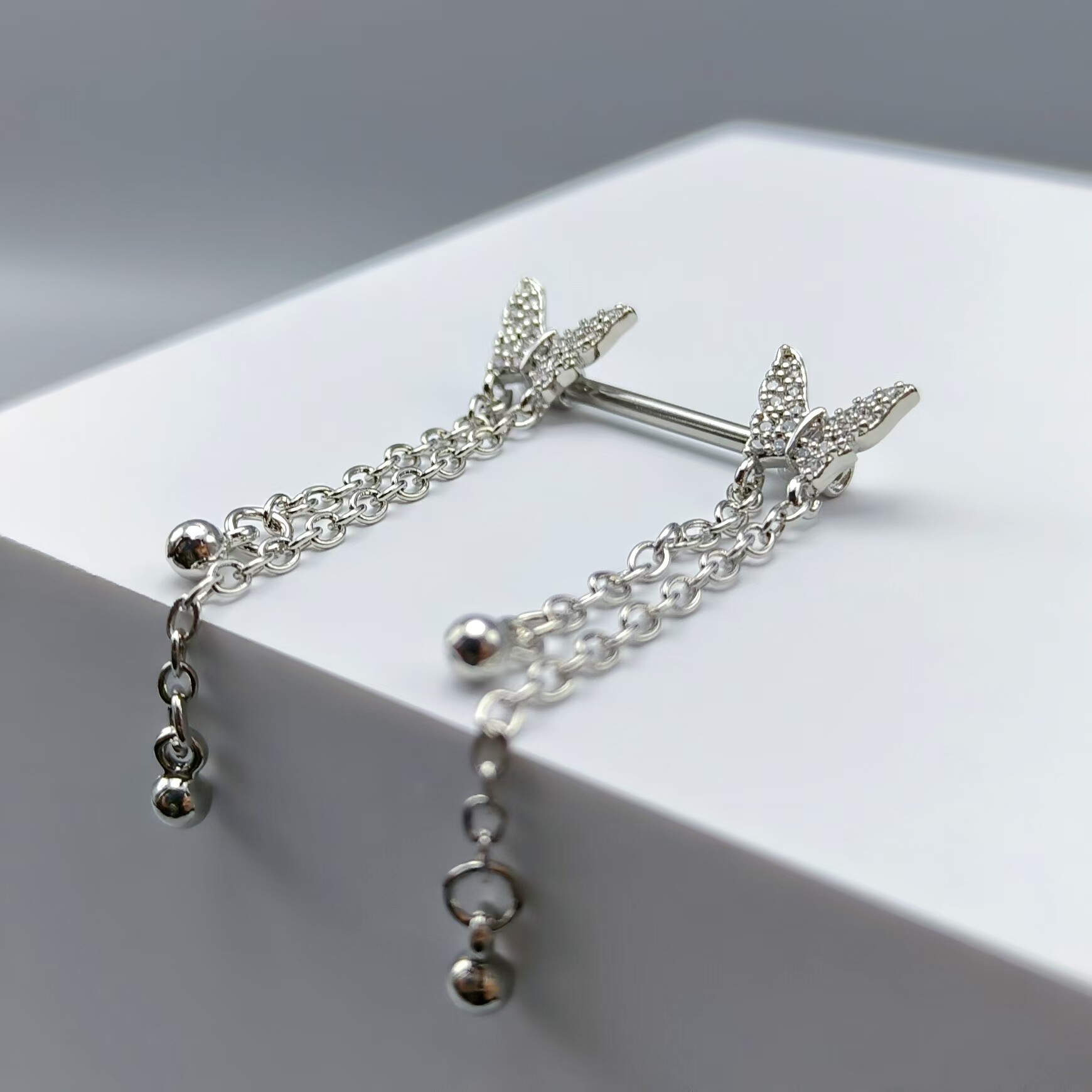 F-136钛合金乳钉仙女系蝴蝶链条款乳头钉镶锆14G情侣情趣穿刺饰品