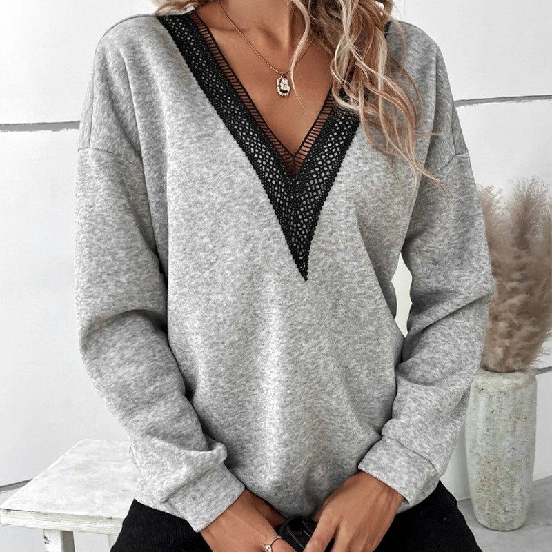 新款欧美跨境外贸秋冬花边领亚马逊撞色开叉宽松长袖恤上衣女士,个性定制/设计服务/DIY,连衣裙加工定制,淘宝优惠券,粉丝福利购,淘宝优惠卷