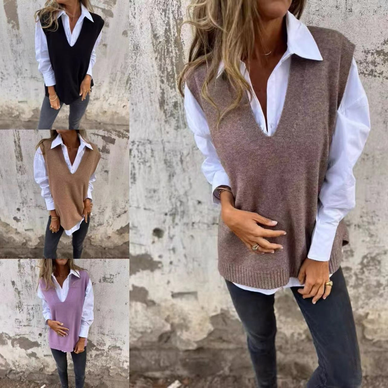 独立站跨境亚马逊_秋冬休闲领针织纯色毛衣百搭基本款背心