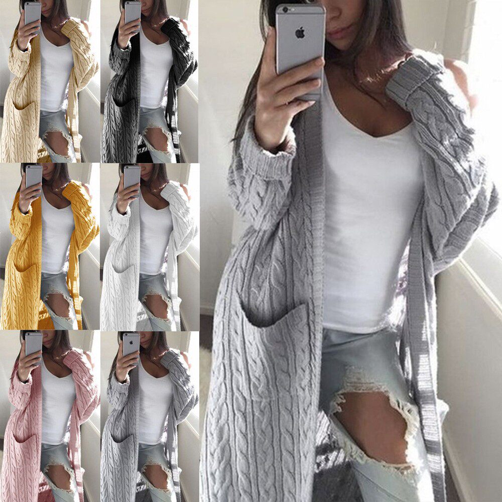 人气秋冬女外穿亚马逊针织衫 欧美风长款双口袋麻花女式 开衫毛衣