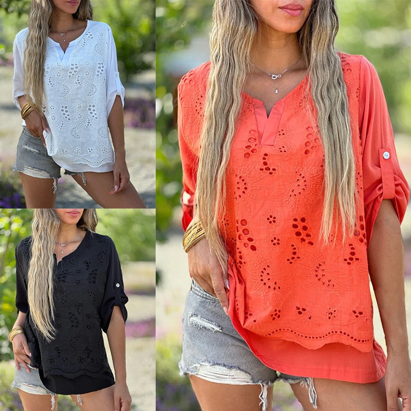 亚马逊跨境外贸秋季新款纯色挽袖网布拼接衬衫上衣