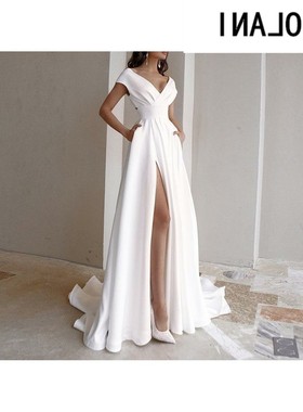 White long dress 一字露背V领晚礼服白色系列拖地轻婚纱连衣裙女