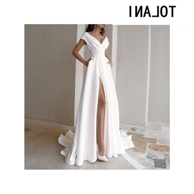 White long dress 一字露背V领晚礼服白色系列拖地轻婚纱连衣裙女
