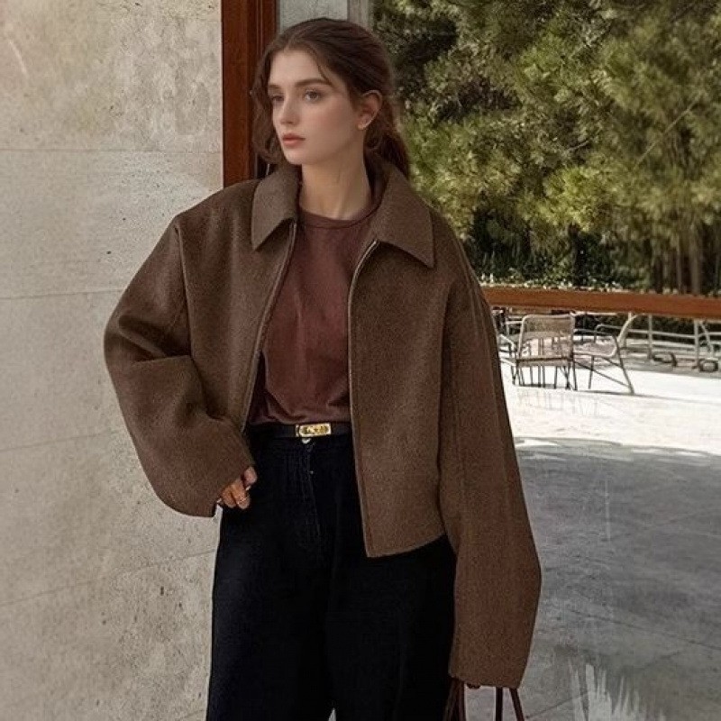 秋冬新款翻领长袖拉链毛呢外套欧美跨境时尚宽松休闲女装夹克