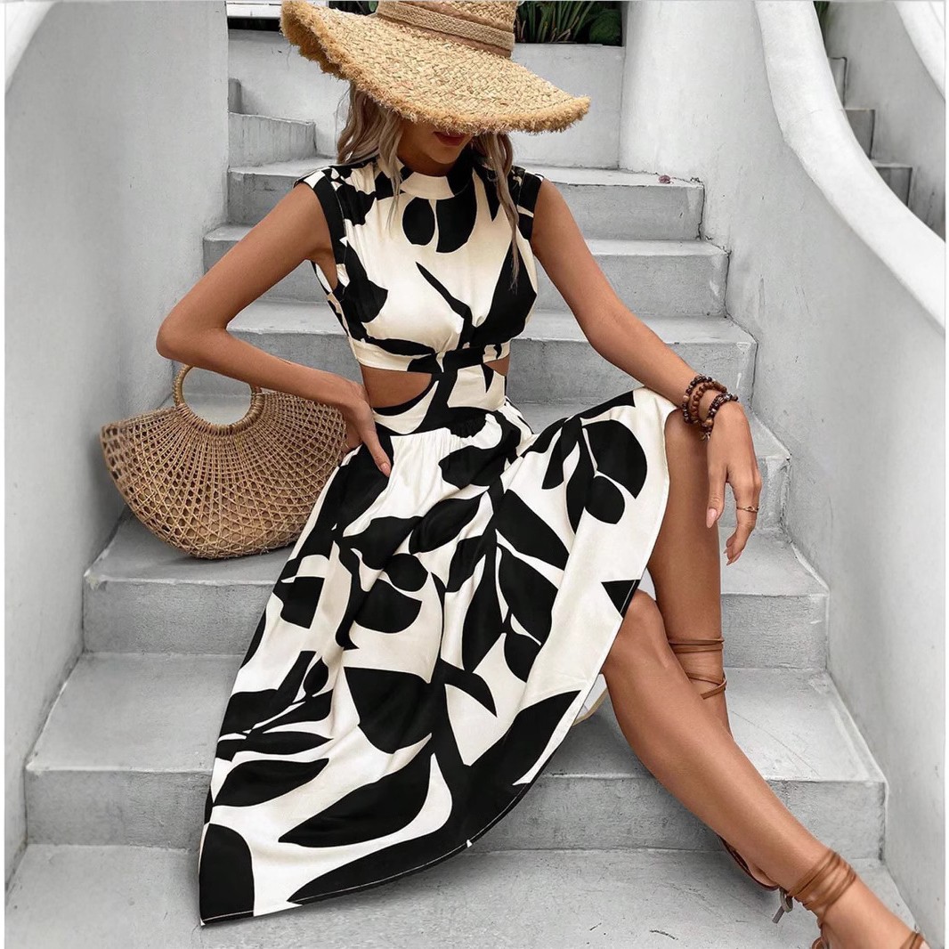 亚马逊欧美新款女装圆领短袖高腰植物花卉印花长裙女士连衣裙