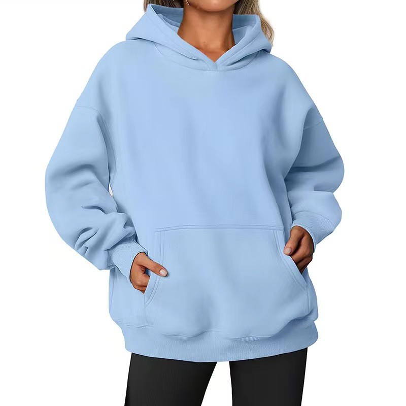 亚马逊秋冬抓绒街头嘻哈连帽卫衣女纯色长袖插袋宽松套头运动衫