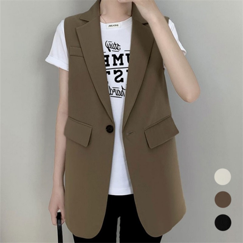 外贸春夏新款女通勤纯色西装马甲中长款无袖坎肩马夹开衫外套