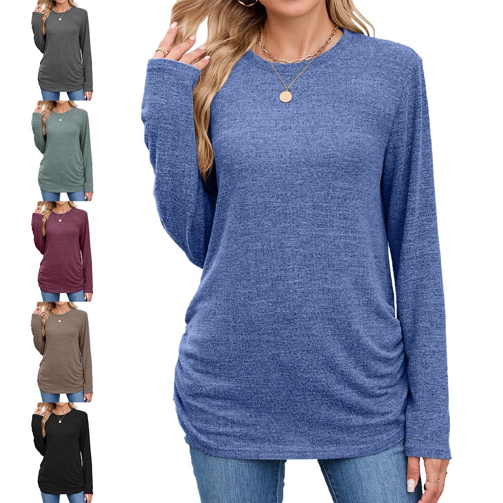 亚马逊欧美跨境外贸秋冬新款纯色圆领宽松长袖恤上衣女现货