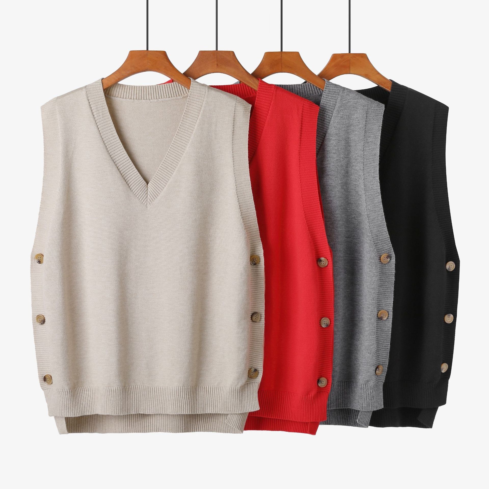 欧美外贸斤春季大码女装领毛衣背心 纽扣坎肩学院风宽松马甲