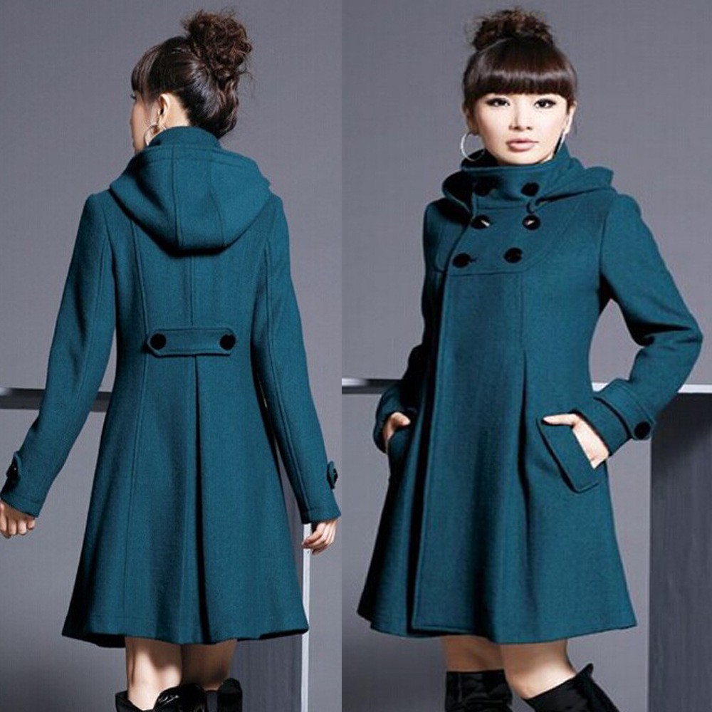 外贸女式毛呢外套女装中长款呢子大衣连帽双排扣斗篷风衣女