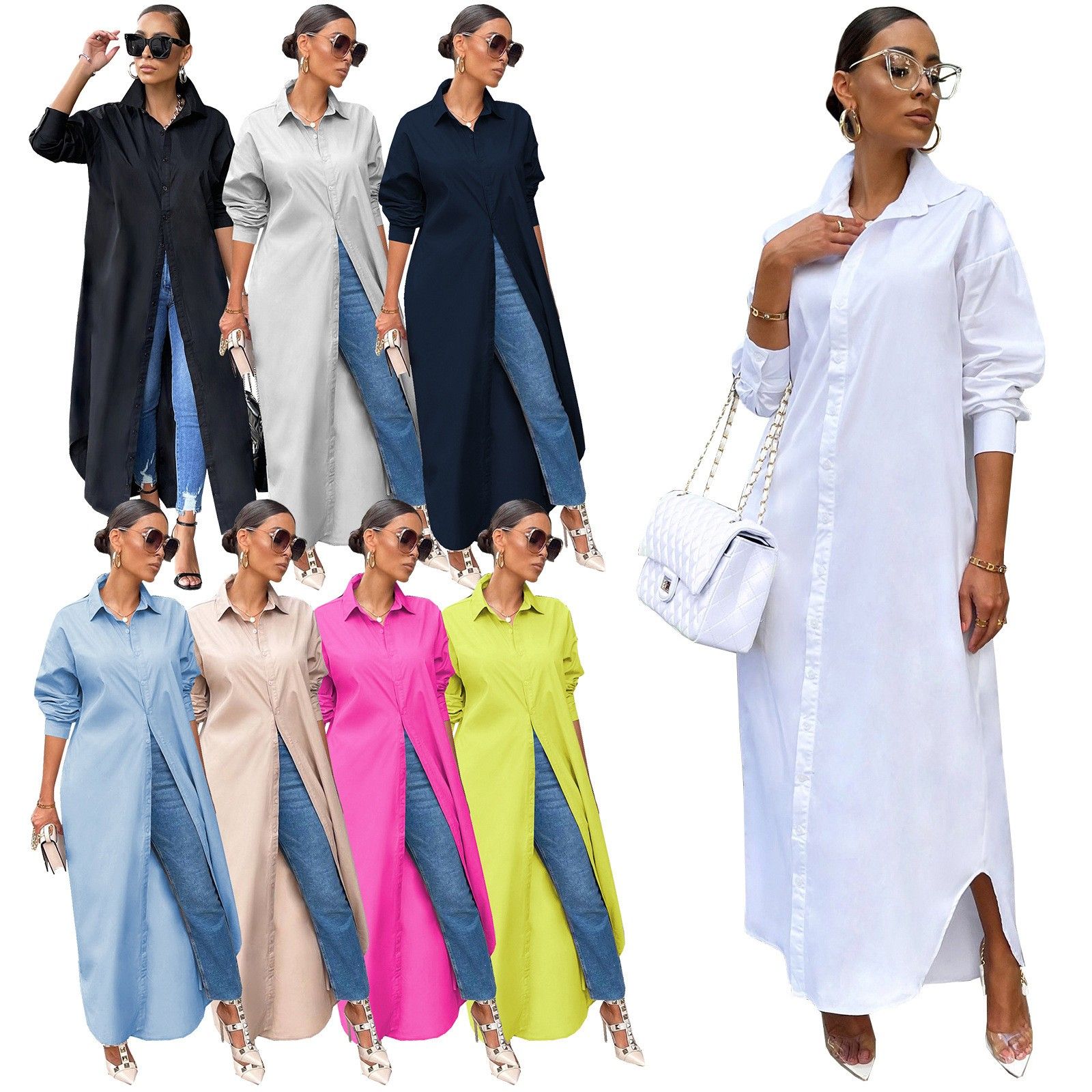 亚马逊欧美秋冬女装新款时尚休闲纯色衬衣长衫外套女