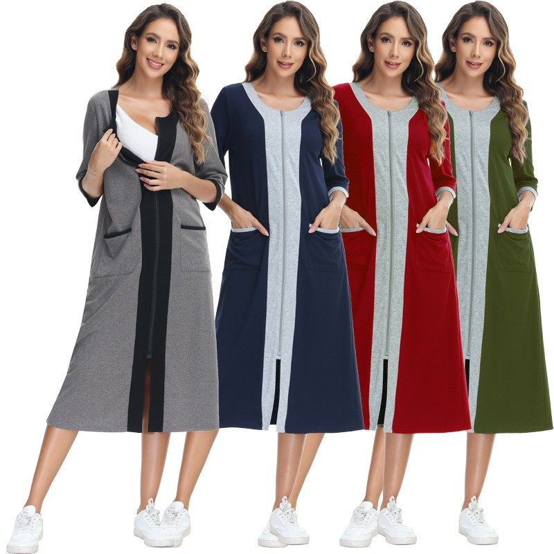 秋冬季跨境欧美女装睡衣连衣裙撞色前中拉链长袖居家休闲睡裙女,个性定制/设计服务/DIY,连衣裙加工定制,淘宝优惠券,粉丝福利购,淘宝优惠卷