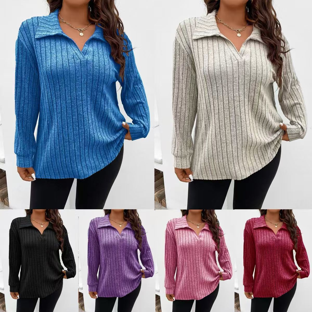 亚马逊秋冬新款纯色大码女装上衣字翻领长袖坑条磨毛恤宽松