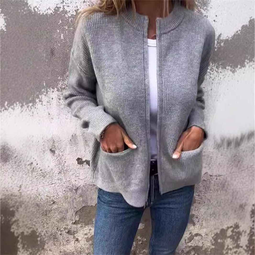 跨境欧美秋冬独立站爆款时尚休闲立领拉链外套宽松口袋夹克女