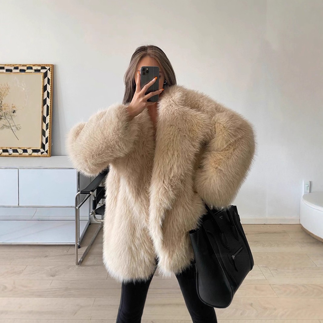 欧美秋冬新款翻领皮草大衣女士人造毛夹克宽松韩版中长款外套女装