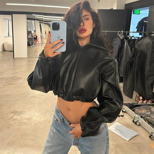 欧美风春秋女装时尚长袖拉链短款露脐修身皮衣连帽仿皮外套女